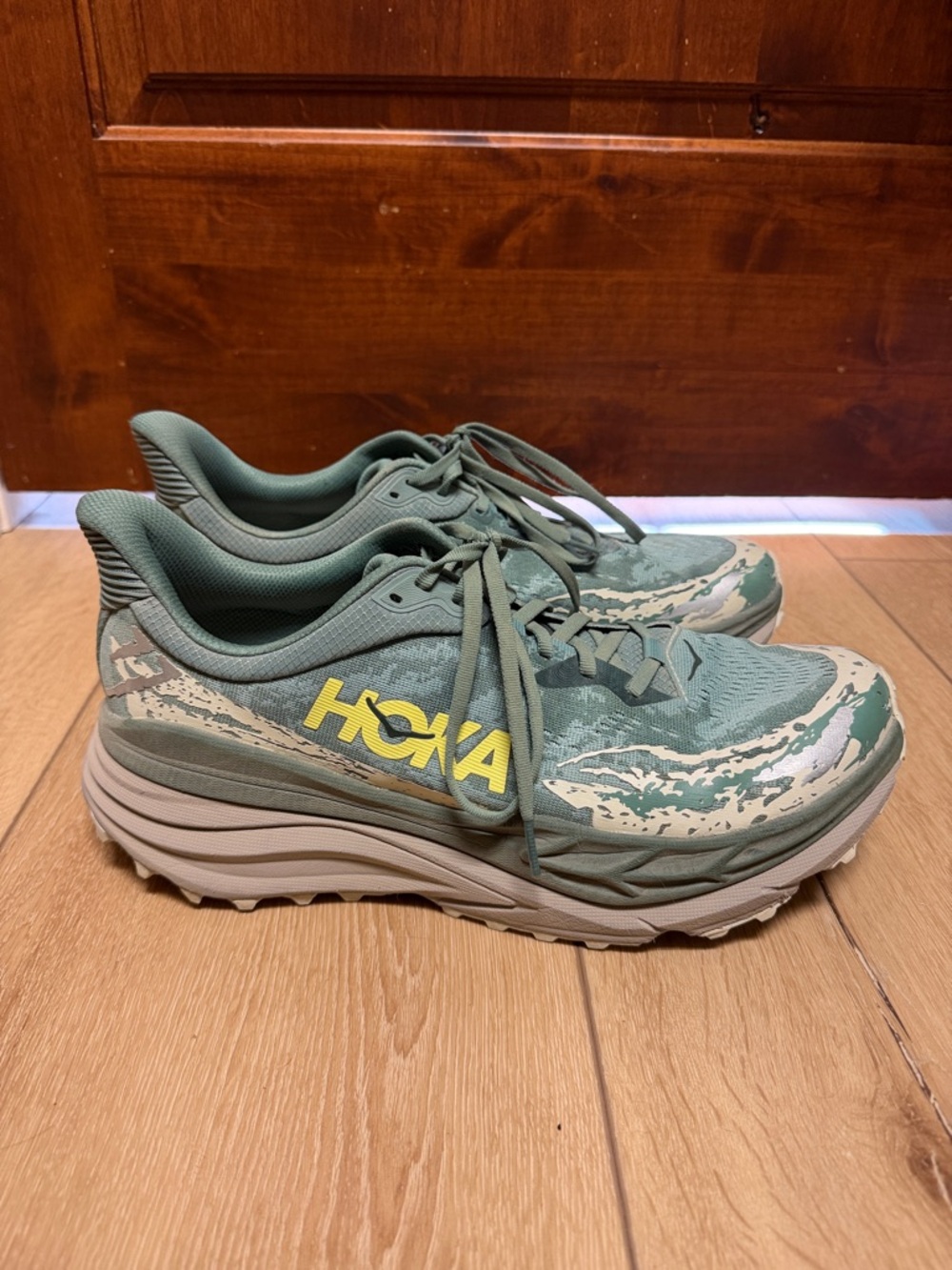 Hoka Men’s Stinson 7 Sage Green and Cream Trail Runners with Yellow Logo